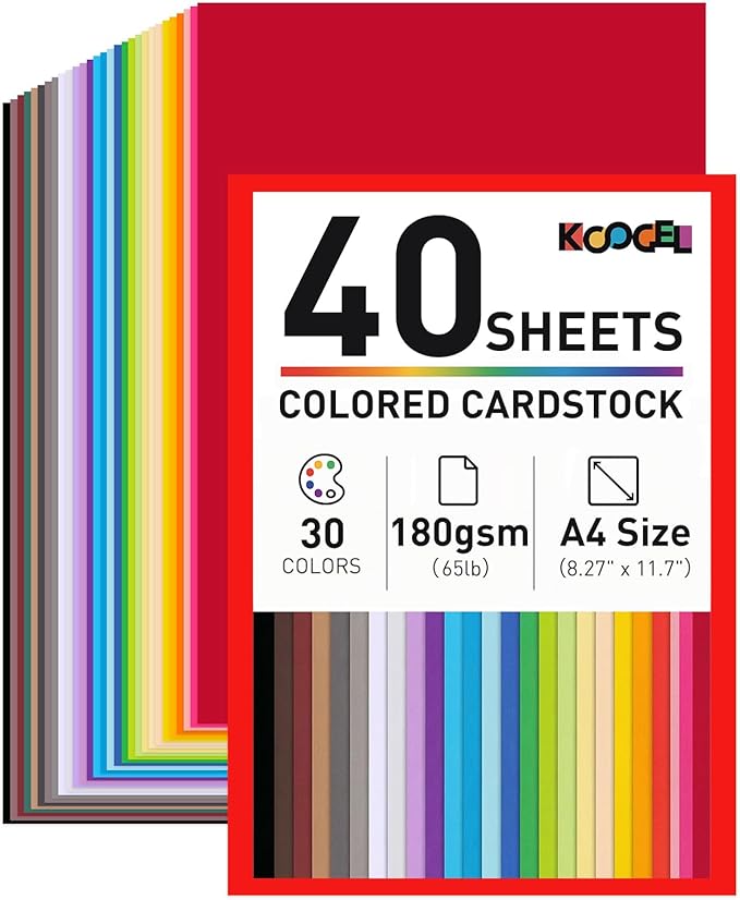 Koogel 40 Sheets Colored Cardstock, 8.27" x 11.7" (A4 Size) 30 Assorted Colors Construction Paper, 180GSM/65LB Card Stock Printer Paper for School Projects Holiday Crafts & DIY Card Making, Printing
