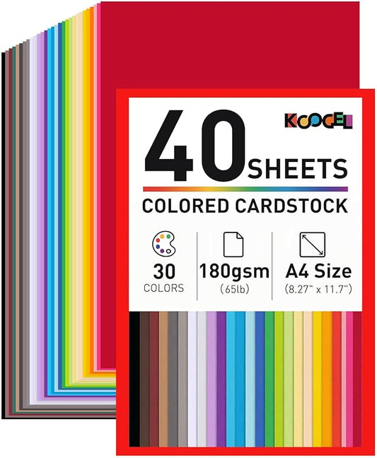 Koogel 40 Sheets Colored Cardstock, 8.27" x 11.7" (A4 Size) 30 Assorted Colors Construction Paper, 180GSM/65LB Card Stock Printer Paper for School Projects Holiday Crafts & DIY Card Making, Printing