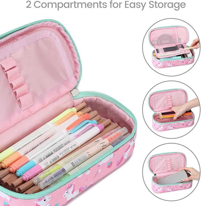 Cambond Pencil Case for Girls - Large Capacity Multi-slot Kids Pencil Pouch Holder for School, Long-lasting Cute Pencil Box for Girls Kids, Pink Unicorns