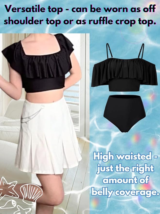 Kaei&Shi High Waisted Flounce Bikini Set,Tummy Control Swimsuits for Women,Off Shoulder