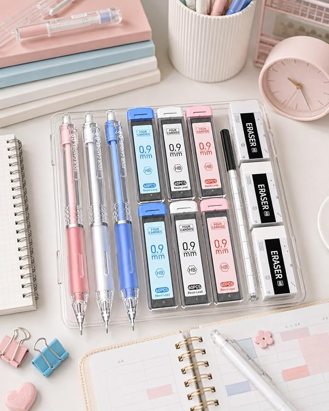 Four Candies Cute Mechanical Pencil Set, 3-Pack 0.9mm | 360 Lead Refills, 3 Erasers, 9 Eraser Refills, Non-Slip Rubber Grips, Aesthetic Design, for Bold Writing and Sketching