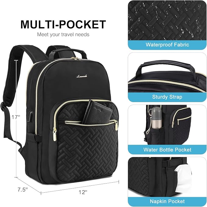 LOVEVOOK Laptop Backpack for Women, Stylish Quilted Backpacks Purse for Business Work Travel, Computer Bags Bag, with USB Port fits 15.6-inch Laptop, Black