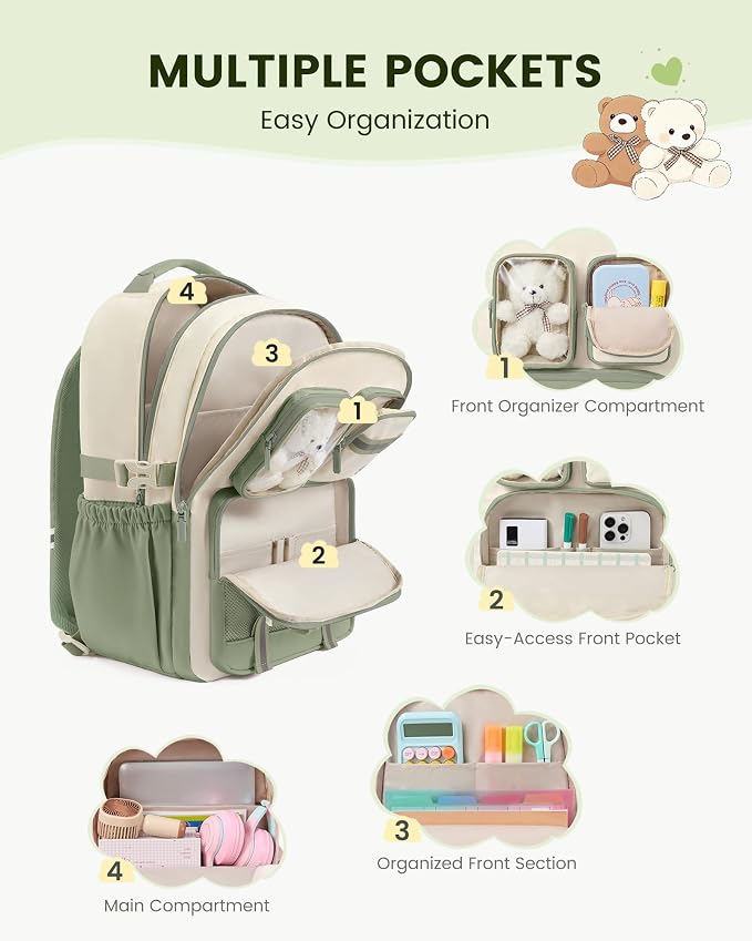 LOVEVOOK Cute School Backpack for Girls Ages 8-14, Bookbag with Plush Bear & Clear Display Pocket, Fits 15.6 Inch Laptop & 40oz Tumbler, Back to School Backpack for Elementary & Middle School