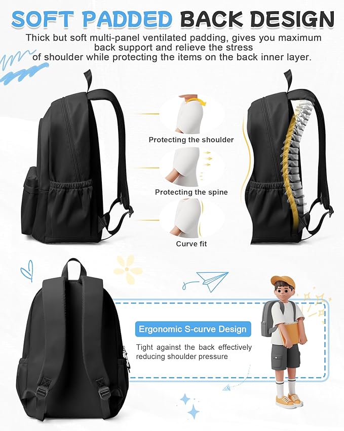 Black Backpack for School, High School Bookbag Back Pack for Teens Girls Boys, Lightweight College Backpack Bookbag for Women Men, Simple Casual Daypack Backpack Mochilas Escolares para Adolescentes