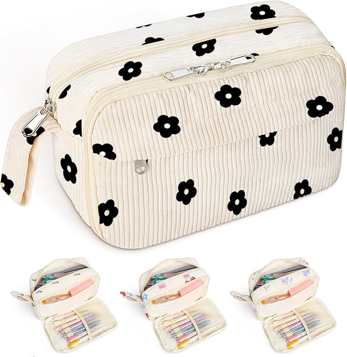 Large Pencil Pouch for Girls,Cute Corduroy Pencil Case Pouch Aesthetic Soft Pencil Bag for School, Zippered Pencil Organizer School Supplies for Girls Women Gift (black floral)
