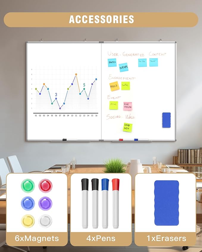 60"X 40" Large Magnetic Dry Erase Whiteboard, Wall Hanging Board with 4 Pens & 1 Dry Erasers & 6 Magnets, Sliver Aluminum Frame White