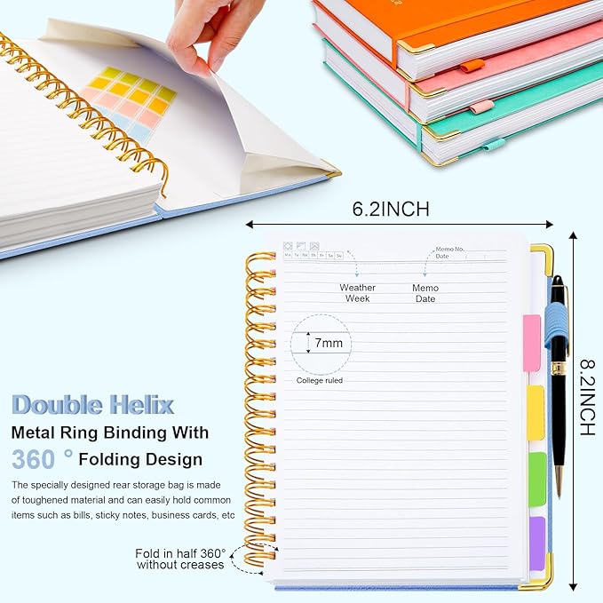 Hardcover Spiral Notebook 6.2"x 8.2" Journal Notebook with Tabs and Removable Dividers 300 Pages 5 Subject Notebook College Ruled, Faux Leather Spiral Bound Notebook for Women School Work(Lake Blue)
