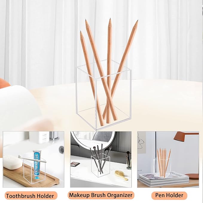 Ptaedex 2 Pack Acrylic Pen Pencil Holder, Clear Makeup Brush Holder Cup Storage Office Desktop Desk Table Stationery Organizer
