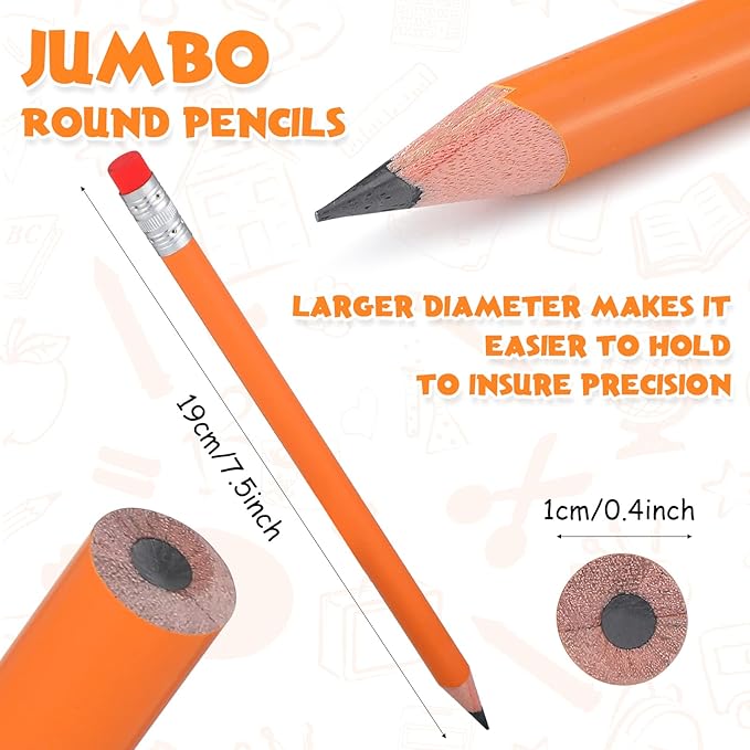 Fainne 48 Pcs Fat Pencils Jumbo Big Thick Large Pencils and 3 Pieces Sharpeners for Kids Beginners Preschoolers Kindergarten School Office Supplies(Orange+Silver,Round)