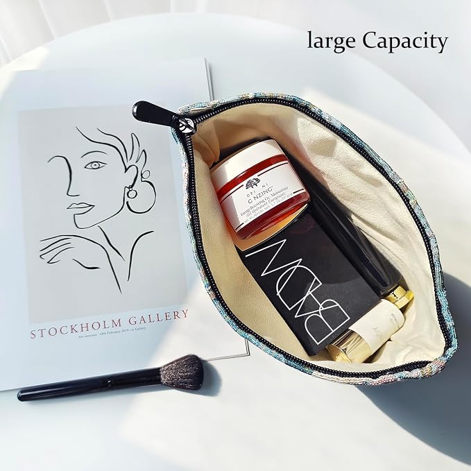 STARDW Cute Floral Makeup Bag Organizer Travel Cosmetic Pouch for Women | Aesthetic Cosmetic Bag with Zipper, Large Capacity Travel Toiletry Bag, Purse Organizer Pouches, Canvas Lining