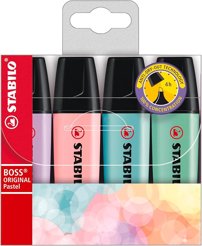 STABILO - BOSS ORIGINAL Pastel - Highlighter - Pack of 4 - Hint of Mint, Pink Blush, Lilac Haze, Touch of Turquoise