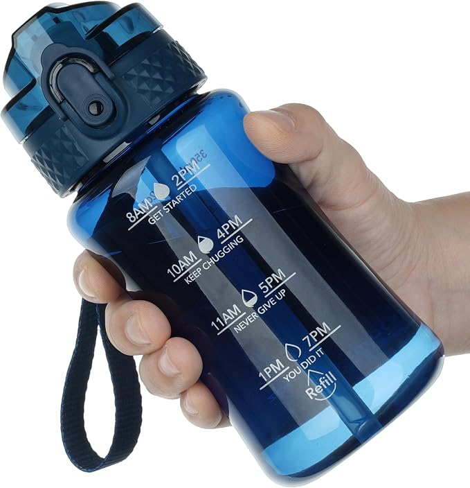 OLDLEY 12oz Kids Water Bottle, Tritan BPA-Free, Leakproof Flip Straw Lid, Motivational Time Marker, Carry Strap, Reusable Clear Water Bottle for Boys & Girls,Slate Blue