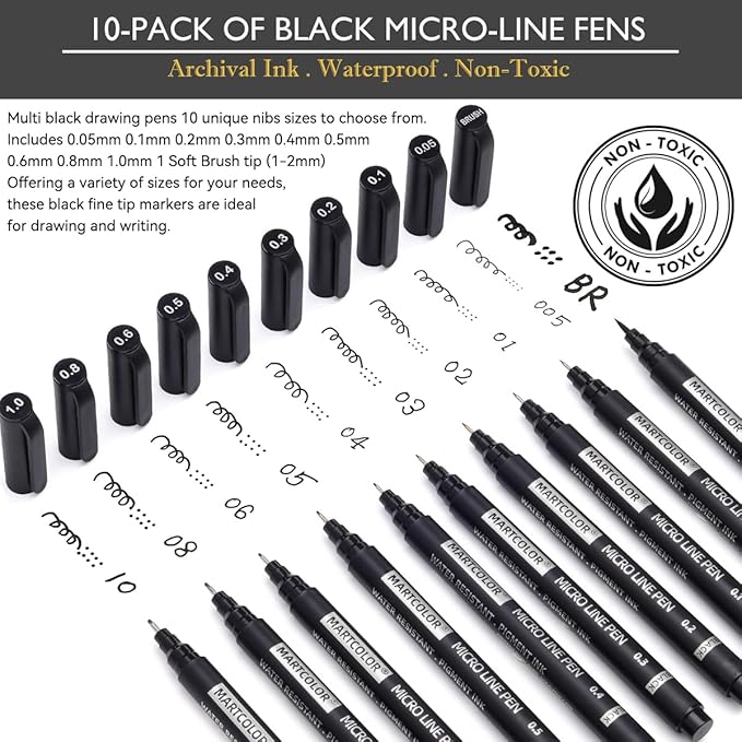 MARTCOLOR Micro Pen Fineliner Pens, 10 Size Fine Point Archival Black Ink Pens, Waterproof Multiliner Pen for Artist Illustration, Sketching, Art Drawing, Anime, Manga, DIY Gifts Projects