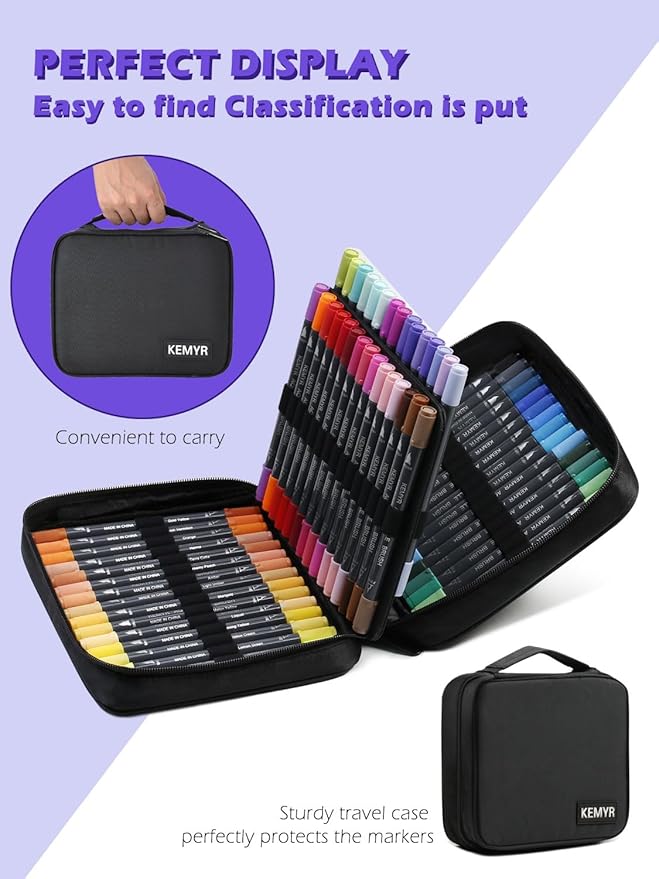 KEMYR Markers for Adult Coloring Books: 60 Color Dual Tip Fine & Brush Pens Water-Based Coloring Marker for Adults Drawing Sketching Bullet Journal Writing Lettering No bleeding
