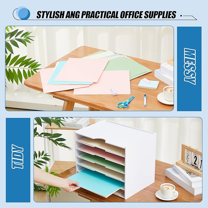 Juexica 7 Tier Scrapbook Paper Trays Organizer 14.2 x 10.2 x 11.8 Inch Stackable Paper Storage for Desk Desktop File Organizer for Home Office Classroom Decorations