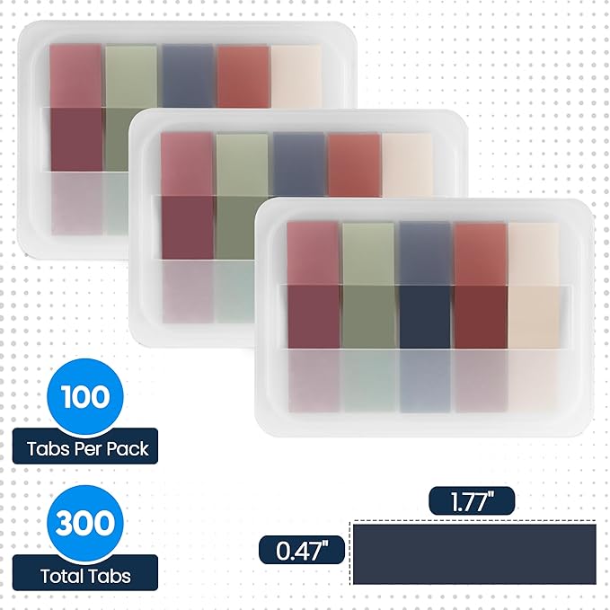 Essex Wares - 300 Pieces - Transparent Sticky Notes Tabs with Case - 5 Warm Colors - 3 Cases - 1.8" x 0.4" - 60 Pieces Each Color - Pop Up Index Tabs - Book Flags for Annotating - Book Sticky Tabs