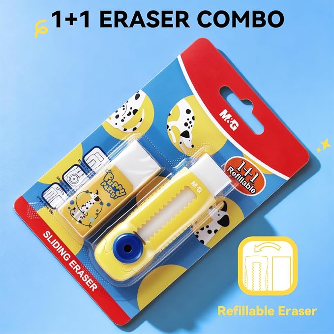 M&G 1+1 Pack Yellow Sliding Retractable Cute Eraser Set, Refillable Soft Large Rubber Eraser with Sleeve for Kids Students School Office Supplies