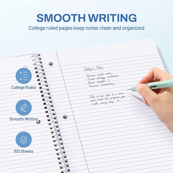SUNEE Spiral Notebook, 1-Subject, College Ruled Paper, 8" x 10-1/2", 100 Sheets per Notebook, 3-Hole Punched Paper, Water Resistant Cover, Double-sided Pockets, Dark Blue
