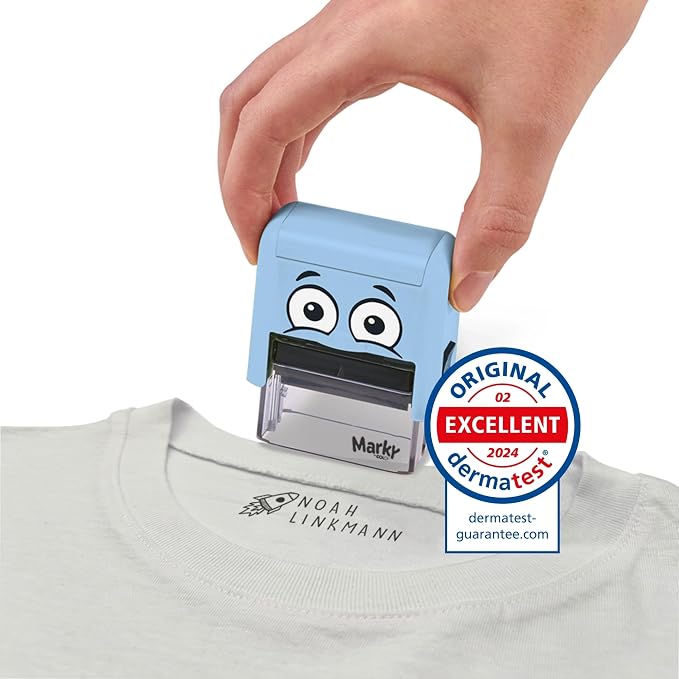 COLOP Marky Personalized Kids Name Stamp, Suitable for All Surfaces, Blue | Permanent Waterproof Clothing & Fabric Labeling, Clothing Stamp For Kids, Schools, & Daycare, Includes Labels and Thermo Tape