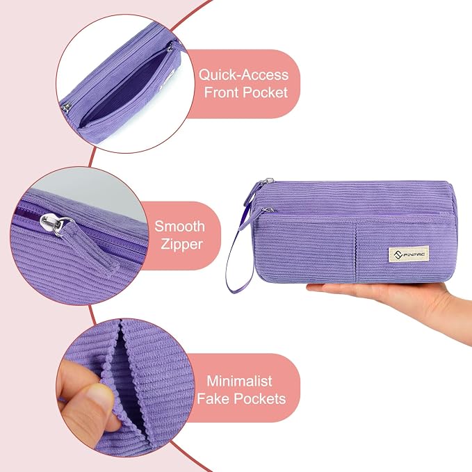 FINPAC Pencil Case, Corduroy Triangle Makeup Bag Kawaii Pen Bag Pouch | Pencil Holder Box Organize for Study, Office, or Travel, Purple