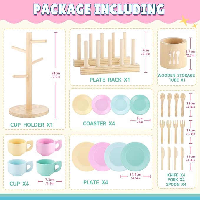 GAGAKU Kids Wooden Play Dishes Set -27Pcs Montessori Play Kitchen Accessories Plates and Bowls Set, Storage Stand & Play Food, Pretend Cooking Toys for Ages 3-5, Educational Gift for Toddler