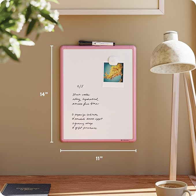 U Brands 11" x 14" Magnetic Dry Erase Whiteboard for Wall, Contempo Dry Erase Board with Blush Pink Modern Frame, Includes Dry Erase Marker with Eraser & Magnet (7085U00-01)