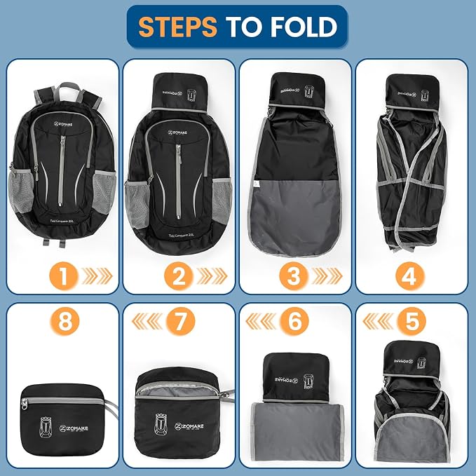 ZOMAKE Lightweight Packable Backpack 25L, Foldable Hiking Daypack | Water Resistant Small Folding Backpacks for Travel, Everyday Carry, Multi-Pocket Layout, Breathable Shoulder Strap