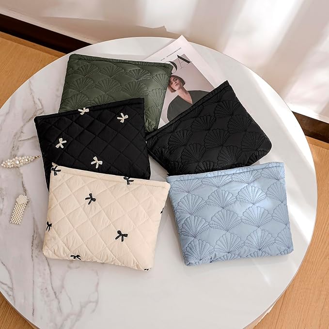 uekeboag Shells Quilted Cotton Makeup Bag,Travel Pouch(LightBlue) | Cotton Aesthetic Cosmetic Bag for Women,Shell Embroidery,Wedding Gifts, Bridal Gifts