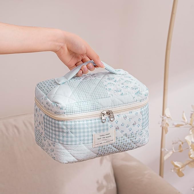 uekeboag Large Travel Quilted Makeup Bag for Women | Soft Floral Cotton Cosmetic Bag, Foldable Coquette Aesthetic Toiletry Organizer