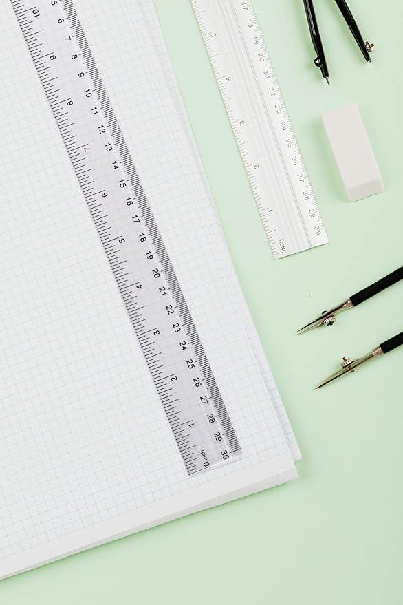 Ruler 12 Inch, 2 Pack Clear Plastic Rulers with Inches and Metric, Shatterproof Transparent Straight Edge for School Office, Easy-to-Read mm cm Markings