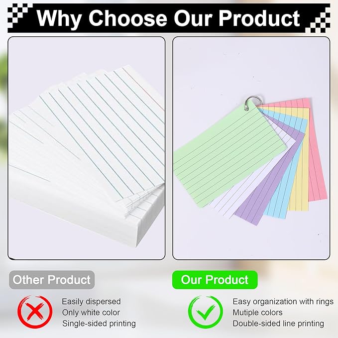 Lined Colored Index Cards 3"x5" 300 pcs Flash for Study Flashcards, Double-Sided Ruled Note Neon Colorful Small Cute Notecards Flashcards College, Office Home Organization(6pcs-Lined)
