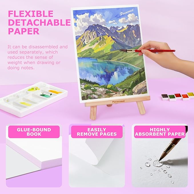 Pacocoast Watercolor Paper, 9"X12" Artist Drawing Paper Pads, (300gsm/140lb) Water Color Sketch Book for Painting, Arts & Crafts Supplies for Adults, Watercolor Journal Notebook, Pink