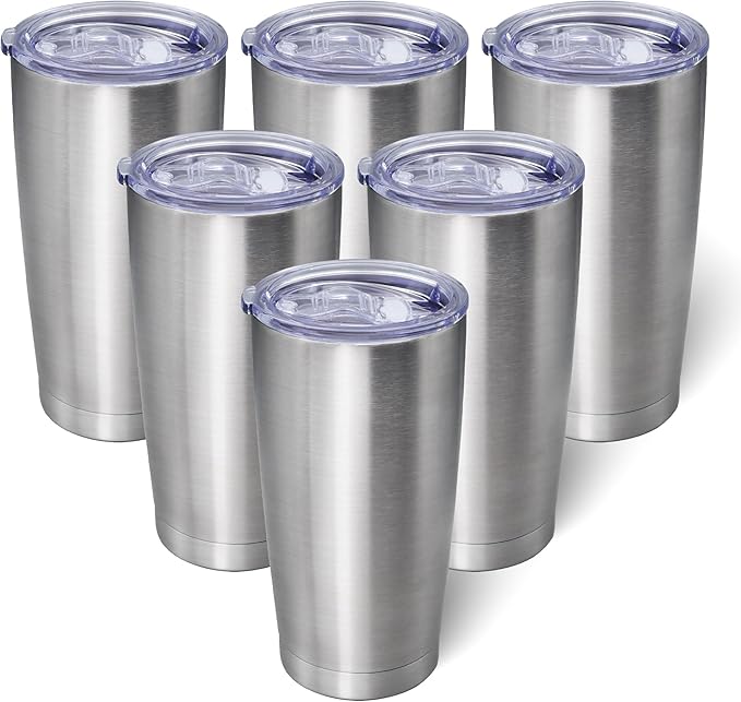 AIANJI 20oz Tumbler Bulk Stainless Steel Tumblers with Lid Vacuum Insulated Double Wall Travel Coffee Mug Powder Coated Tumbler Cup for Hot and Cold Drinks(Stainless Steel, 6 pack)