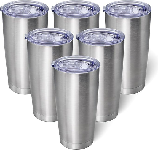 AIANJI 20oz Tumbler Bulk Stainless Steel Tumblers with Lid Vacuum Insulated Double Wall Travel Coffee Mug Powder Coated Tumbler Cup for Hot and Cold Drinks(Stainless Steel, 6 pack)