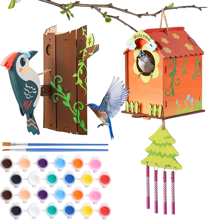 JMMICO Paint Your Own BirdHouses, Wooden Painting Crafts Kits for Kids, Wooden Woodpecker Doorbell & DIY Bird House for Outside, Arts and Crafts for Kids, Easter Gifts for 8-12 Year Old Girls Boys