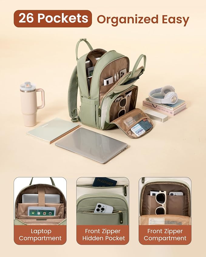 LOVEVOOK Laptop Backpack Women with Giant Cup Holder,18.4 inch Work Travel Backpack Computer Laptop Bag,Cute College Nurse Teacher Backpack Purse,Gift for Women & Men,Olive green-Bean green-Kelp green