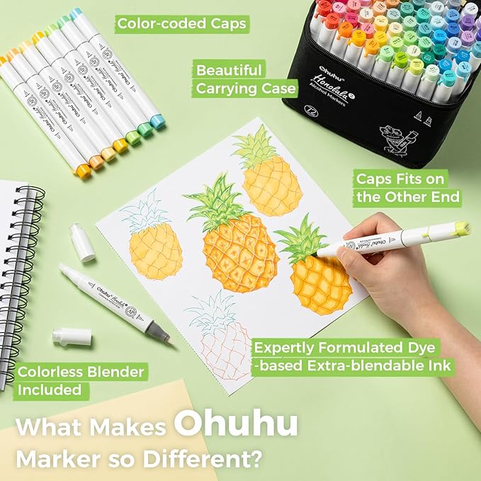 Ohuhu Alcohol Markers Brush Tip - AP Certificated Double Tipped Art Marker Set for Artist Adults Coloring Illustration- 72 Colors - Refillable - Brush & Chisel Dual Tips - Honolulu 2 of Ohuhu Markers