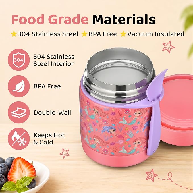 Pawtong 10oz Soup Thermo for Hot Food Kids Insulated Food Jar,Thermo Hot Food Lunch Container, Width Mouth Stainless Steel Lunch Box for Kids with Spoon (Pink-mermaid)