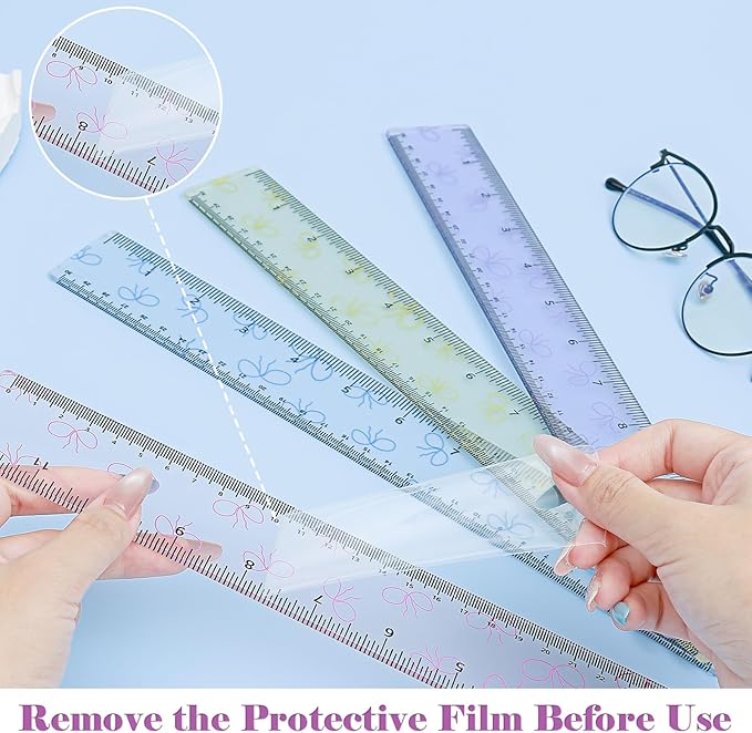 BAYTORY 4Pcs Transparent Acrylic Ruler 12 Inch, Clear Plastic Straight Rulers, Shatterproof Student Stationery Centimeters with Inches, for Classroom Essentials School Supplies (Bowknot 12 Inch)