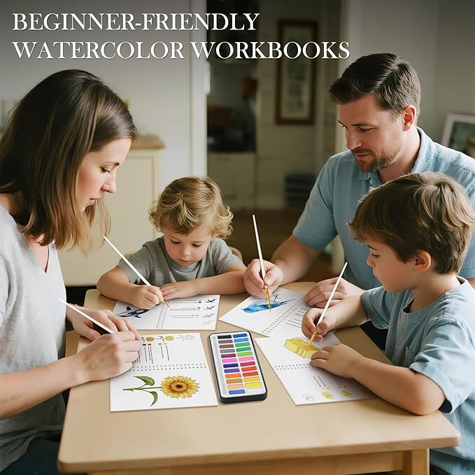 3Pcs Watercolor Workbook Paint Book Beginner Friendly Painting Kit, 36 Pages Workbooks with 24 Paint Colors & Brush for Beginners, Stress-Relieving Gift for Women Adults (Bird&Flower&Kitchen)