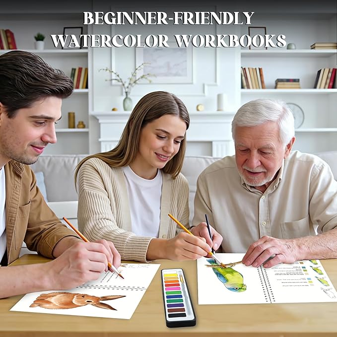 2Pcs Watercolor Workbook Beginner-Friendly Watercolor Workbook with Step by Step for Adults for Adults with 12 Colors Paint, Beginner Watercolor Painting Kit Watercolor Paper - Valentine's Day Gift