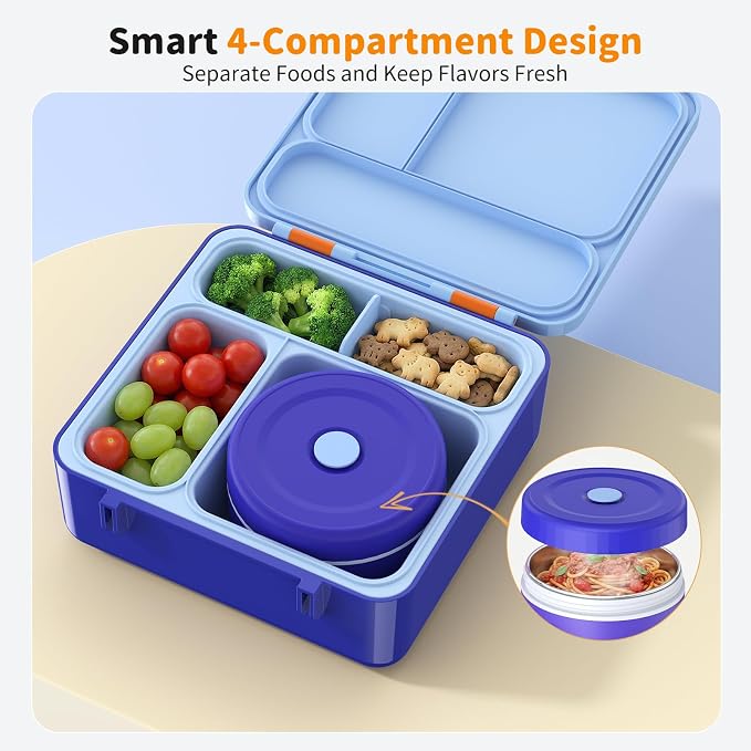 Bento Box for Kids, Lunch Box with Sticker for School | DIY Sticker Fun, Quick Lunch Packing, 4-Compartment Design, Insulated Food Jar, BPA-Free, Leak-Proof
