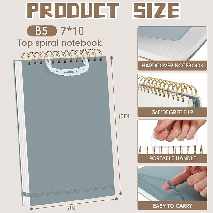 Resurhang 3 Pack Top Spiral Notebook 7"x10" Hardcover Steno Pads 240 Pages(120 Sheet) college Ruled Waterproof Cover Notepad Left hand Notebooks for Work School Office (Blue,Green,Gray)