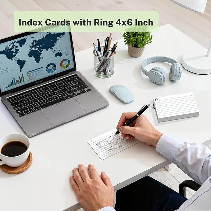160 Pcs Index Cards with Ring 4 x 6 Inch White Heavyweight Ruled Flash Cards, Flashcards with Ring for School & Office Supplies and Home Organization, Durable Study To Do List Lined Note Cards