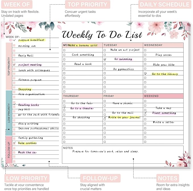 Weekly To Do List Notepad - 52 Undated Glue Bound Tear-Off Sheets (8.5"x11") for Desk Planning | Home, Work & School Organization Pad for Women & Men (Pink)