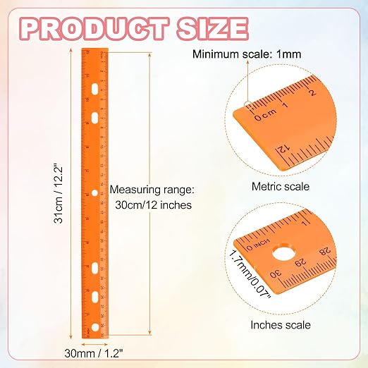 HARFINGTON 5pcs Plastic Rulers 12" (30cm) Clear Straight Ruler Measuring Tool Inches and Centimeters with Hole for Home Office Classrooms Drafting, Orange
