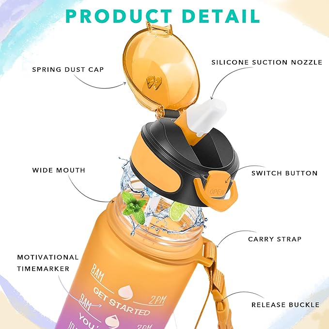 Enerbone 32 oz Water Bottle with Times to Drink and Straw, Motivational Drinking Water Bottles with Carrying Strap, Leakproof BPA & Toxic Free, Ensure You Drink Enough Water for Fitness Gym Outdoor