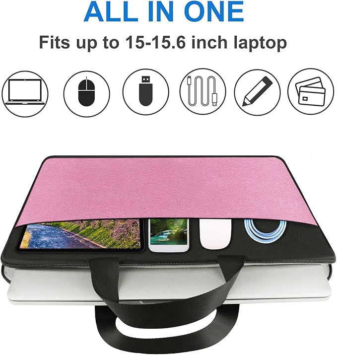 Laptop Case 15.6 inch, Travel Laptop Sleeve Bag Handbag Shockproof Protective Computer Cover Carrying Bag Briefcase for 15" 15.6" HP Asus Acer Dell Lenovo Laptop Notebook Ultrabook, (Black/Pink)