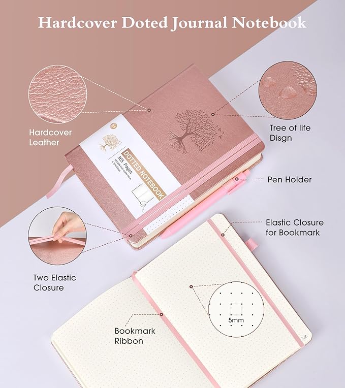 Ansopu Dotted Journal Notebook, 360 Numbered Pages Bullet Journals, 100gsm Dot Paper Thick Hardcover Leather Journal for Writing Women Men,A5 Dotted Grid Notebooks for Work 5.75" x 8.38" Pink