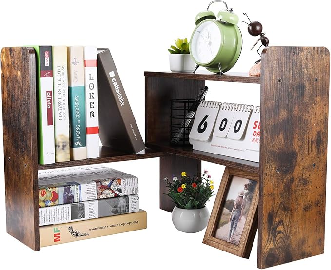 PAG Desk Organizer Desktop Shelf Adjustable Countertop Bookshelf Small Table Shelves Book Organizer Office Organization for Desk, Antique Brown